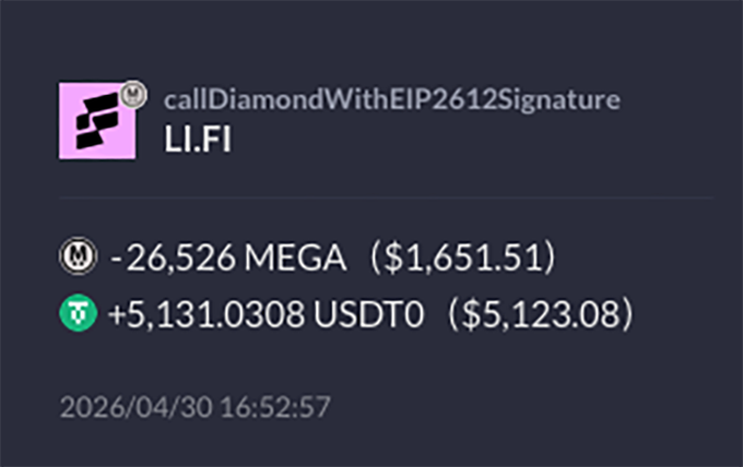 The image shows a screenshot of a message board with a post about selling a $MEGA asset for $0.19. The post includes a link to the original message, which reads "Call DiamondWithEIP266212Signature LiFi". The post also mentions that the asset was sold at $1,058.87 USDT (5,130,308).