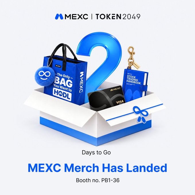 MEXC promotional graphic for TOKEN2049 event announcing 'MEXC Merch Has Landed' at Booth no. PB1-36, showing merchandise including a 'BAG You Want to HODL' tote bag, trading handbook, and VISA card.