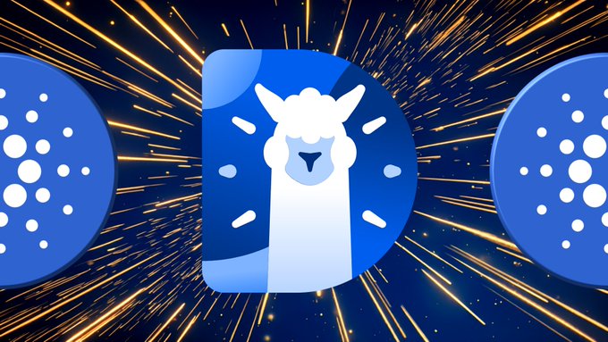 A stylized cartoon llama with sunglasses and radiating gold light streaks appears against a dark blue background, flanked by two circular logos resembling the Cardano symbol. The image visually represents DeFiLlama's tracking data, directly tying into the news about Cardano's $ADA stablecoin market cap surpassing $60.2M with 17.4% weekly growth.
