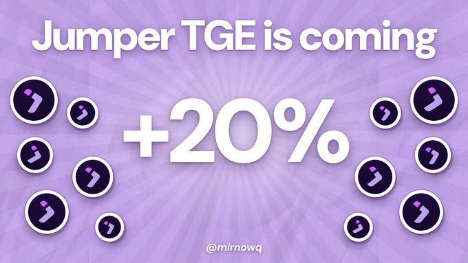 Promotional graphic on a purple background announcing 'Jumper TGE is coming' with a large '+20%' text and the handle '@mirnowq', surrounded by Jumper cryptocurrency logos.