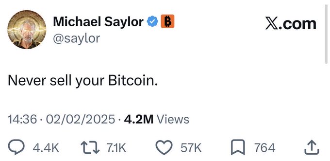 The image features a white background with black text that reads "Never sell your Bitcoin." The text is accompanied by an image of a man's face, likely a Twitter handle or a name tag, and a link to a website called x-com. This suggests that the post is meant to discourage people from selling their Bitcoins due to the potential risks involved in the cryptocurrency market.
