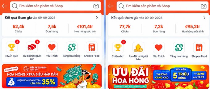 Two side-by-side screenshots of a Shopee affiliate dashboard in Vietnamese, showing engagement results ('Kết quả tham gia vào 09-09-2026') with clicks, orders, and estimated commission, along with menu icons and a promotional banner offering up to '35%' commission.