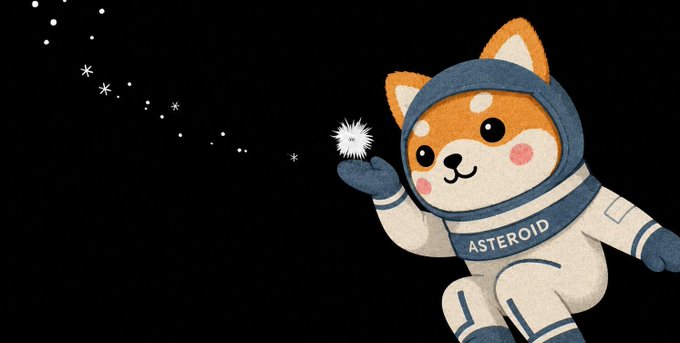 An illustration of a cute dog in a spacesuit labeled "ASTEROID" holding a glowing star, set against a dark cosmic background with scattered stars.