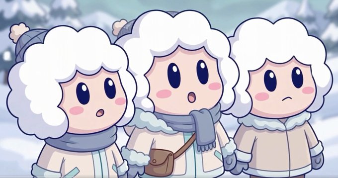 Three cartoon characters with white fluffy hair and winter coats stand in a snowy landscape, wearing scarves with varied expressions.