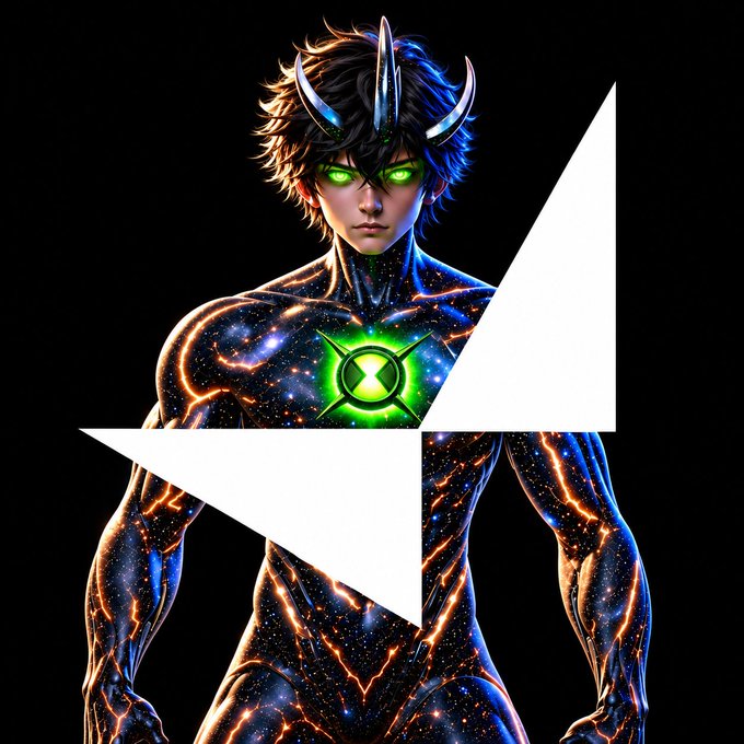 An anime-style illustration of a muscular male character with horns, glowing green eyes, a galaxy-patterned body, and a Ben 10 logo on his chest, partially obscured by a white geometric shape.