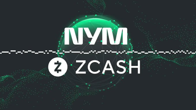 A graphic displays the logos for 'NYM' and 'ZCASH' with a stylized 'Z' symbol, set against a dark background with a green globe and particle effects.