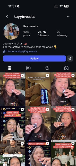 The image shows the Instagram profile page of "kayinvests," which has 108 posts, 24.7K followers, and 20 following, with a bio reading "Journey to Urus" and linking to a FOMO family page. The grid displays multiple video thumbnails featuring Kay discussing stocks like Coinbase and MicroStrategy (MSTR), alongside lifestyle and travel clips. This aligns with the post's caption warning that such content-driven investing accounts are part of a "facade" designed to create FOMO, encouraging viewers to chase momentum stocks before losing money.