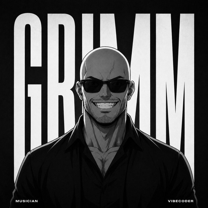 A stylized black-and-white manga/anime illustration of a smiling bald man wearing sunglasses and a black shirt, with 'GRIMM' in large text behind him and labels 'MUSICIAN' and 'VIBECODER' at the bottom.