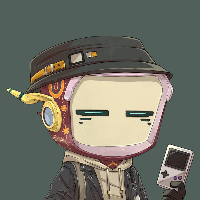 A digital illustration of a character with a retro TV-like head featuring a screen face, wearing a dark hat, ornate headset, and dark jacket while holding a classic gray Game Boy.