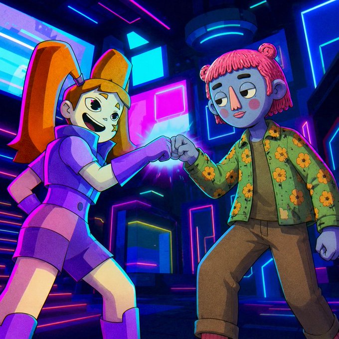 A cartoon illustration shows two characters fist-bumping in a neon-lit arcade setting; a blonde girl in a purple outfit on the left and a pink-haired person in a green floral jacket on the right.