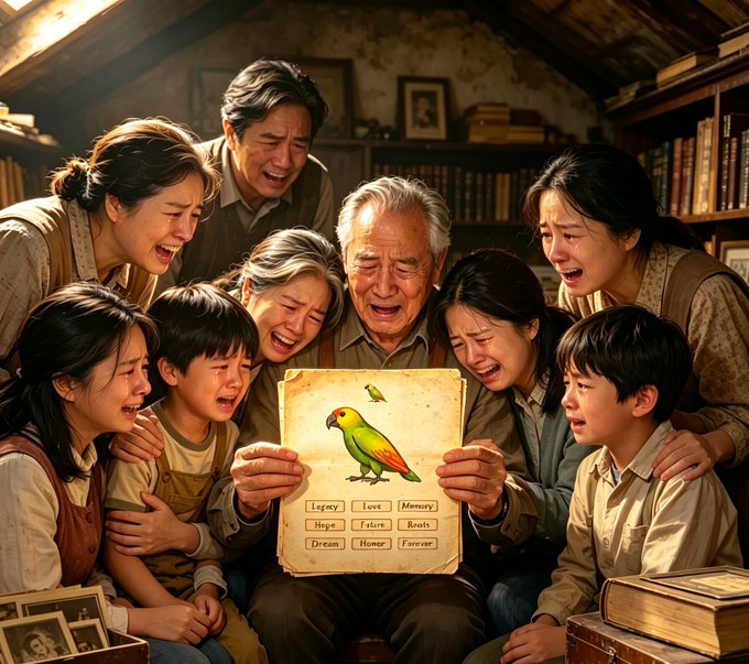 A multi-generational family of Korean descent weeps uncontrollably with overwhelming joy as an elderly patriarch reveals a worn piece of paper bearing the words "Legacy," "Love," "Memory," "Hope," "Future," "Roots," "Dream," "Honor," and "Forever" alongside an illustration of a green parrot, representing the precious mnemonic phrase for their long-lost NIAO coin wallet discovered after two centuries of hardship. The image powerfully visualizes the post's concept of community long-termism—showing how a simple scrap of paper containing a crypto seed phrase can become a treasured heirloom, connecting descendants across generations and transforming digital assets into a profound family legacy that evokes tears of relief and gratitude for the foresight of their ancestor.