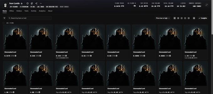 A screenshot of the Iron Lords NFT collection on OpenSea shows 599 items available with a floor price of 0.5475 ETH, reflecting the project's strong launch as mentioned in the post. The listing displays multiple "Unrevealed Lord" NFTs priced between 0.045 and 1.08 ETH, confirming the floor has more than doubled the 0.25 ETH mint price.