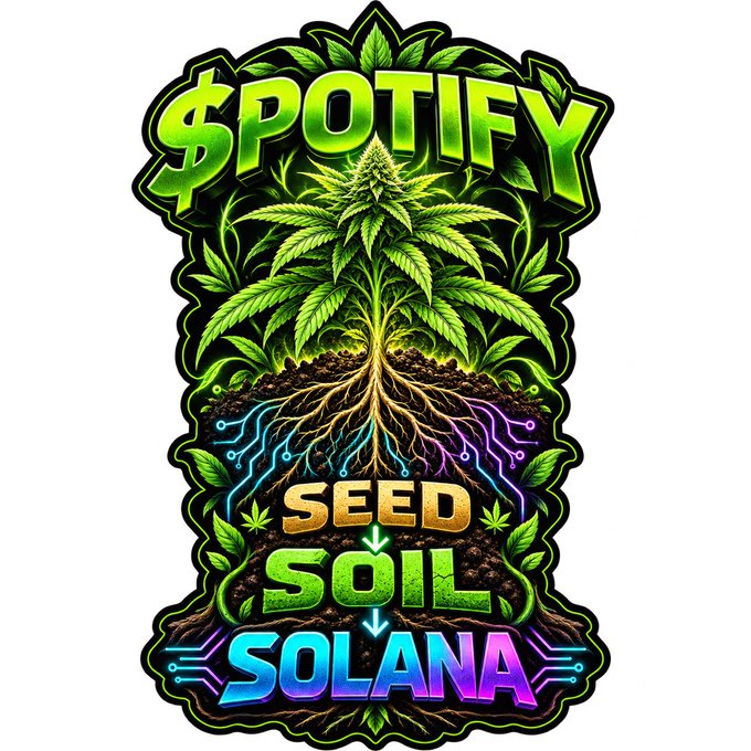 A colorful graphic design sticker reading '$POTIFY SEED SOIL SOLANA' featuring a cannabis plant with exposed roots and circuit board patterns.