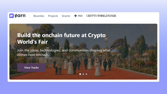 A screenshot of the ITearn platform homepage featuring a banner for "Crypto World's Fair" with the text "Build the onchain future at Crypto World's Fair" and "Join the ideas, technologies, and communities shaping what comes next onchain," alongside a "View Tracks" button. The image ties into "big week!!!!" by showcasing a major upcoming crypto event being promoted on the platform.