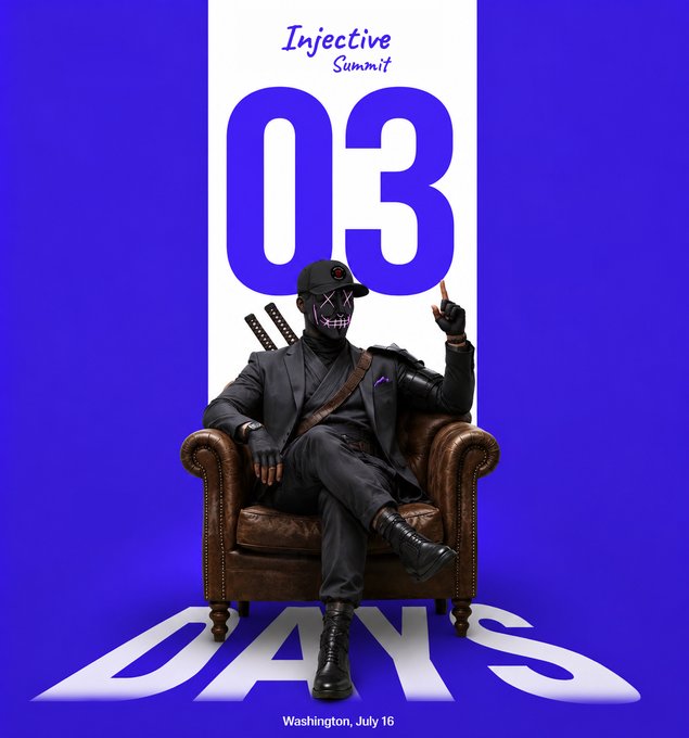 Promotional poster for 'Injective Summit 03' showing a person in a black suit, cap, and skull mask sitting in a brown leather chair with swords on their back, set against a blue and white background with 'Washington, July 16' at the bottom.