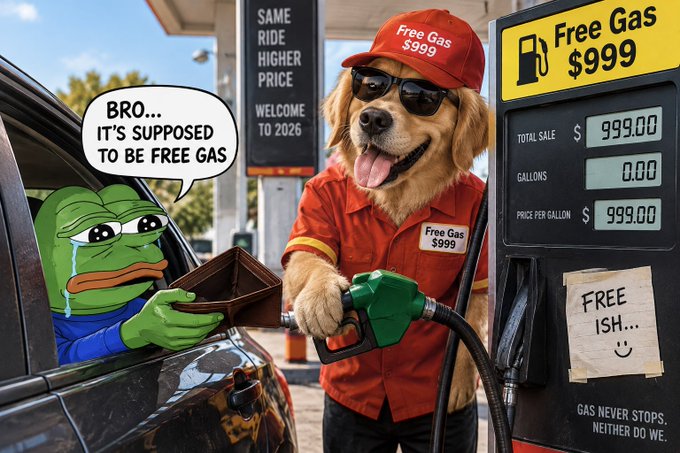 A meme showing a crying Pepe the Frog in a car handing his wallet to a dog in a "Free Gas $999" uniform at a gas station, with the frog saying "BRO... IT'S SUPPOSED TO BE FREE GAS."