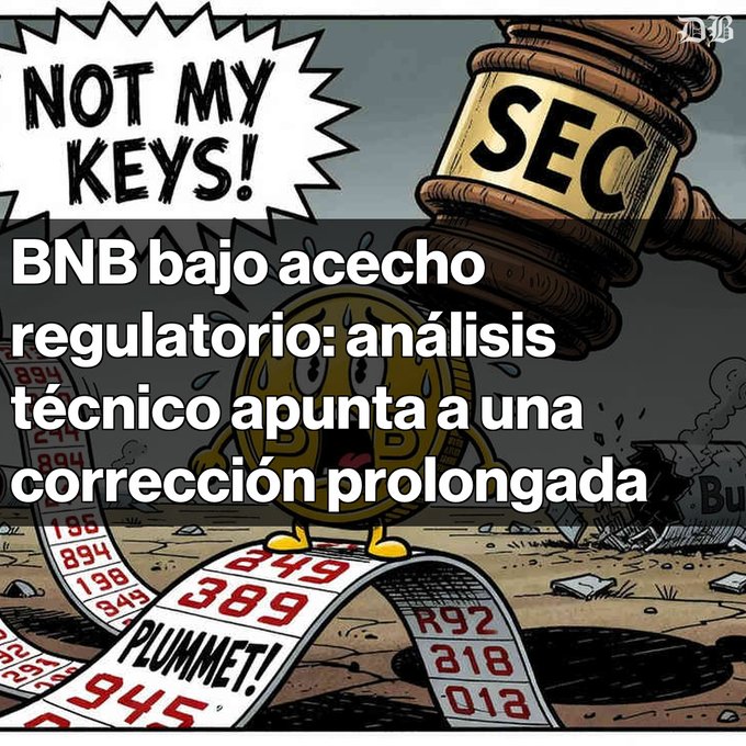 Spanish-language cartoon headline reading 'BNB bajo acecho regulatorio: análisis técnico apunta a una corrección prolongada' with a speech bubble saying 'NOT MY KEYS!' and the SEC depicted as a gavel.