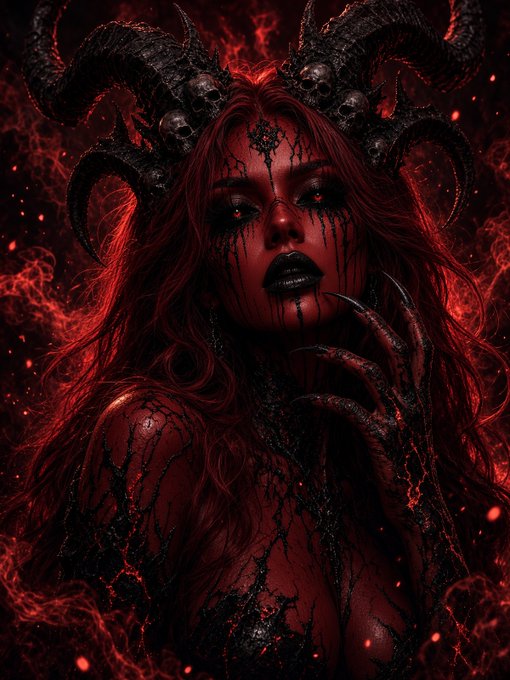 A dark fantasy digital artwork depicting a demonic woman with red hair, glowing red eyes, black horns adorned with skulls, cracked blackened skin, and clawed hands, set against a fiery red background.