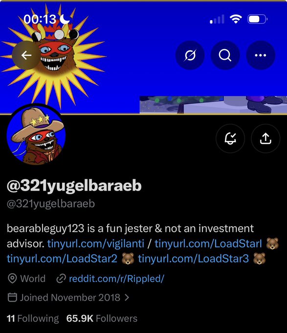 A social media profile for "@321yugelbaraeb" featuring a cartoon sun character, with a bio reading "bearableguy123 is a fun jester & not an investment advisor" and various links.
