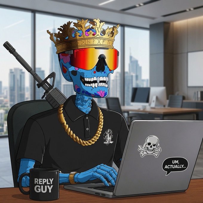A digital illustration of a blue, decorated skeleton wearing a gold crown, red ski goggles, and a thick gold chain, working on a laptop in a modern office with a 'REPLY GUY' mug and a 'UM, ACTUALLY...' speech bubble.