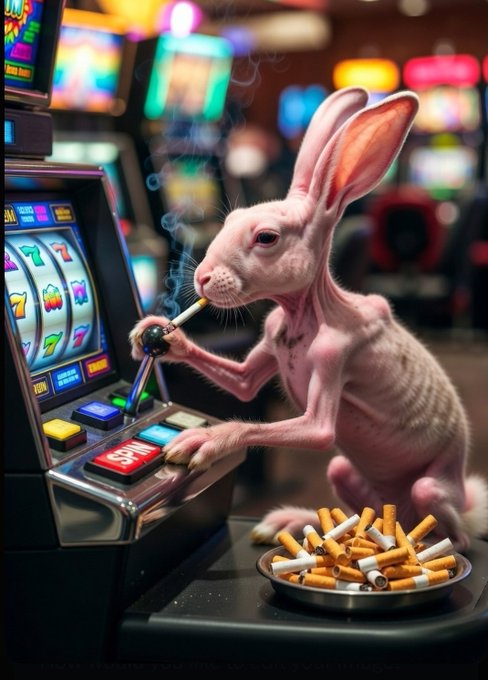 A surreal AI-generated image of a hairless rabbit smoking a cigarette while pressing a button on a slot machine, with an ashtray full of cigarette butts in front of it.