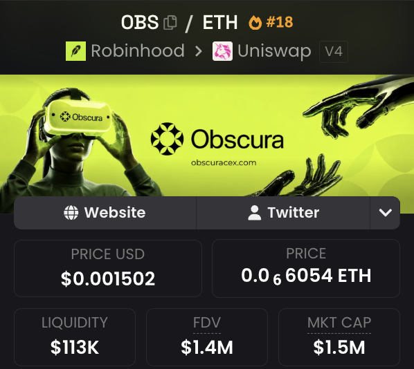 A crypto tracking page displays the token OBS priced at $0.001502 (0.6₆6054 ETH) on Uniswap V4, noting its Robinhood-related origins and showing $113K liquidity, $1.4M FDV, and $1.5M market cap to support the claim that $OBS is an early, undervalued pick.