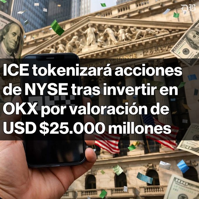 ICE is a person holding up their phone, which has an advertisement for OKX tokens. The text of the ad reads "ICE tokenizará acciones del NYSE La matriz de la Bolsa de Valores de Nueva York concretó una inversión que valora a OKX en USD $25,000 millones". This advertisement is promoting the idea that investing in tokens can be a good financial decision.