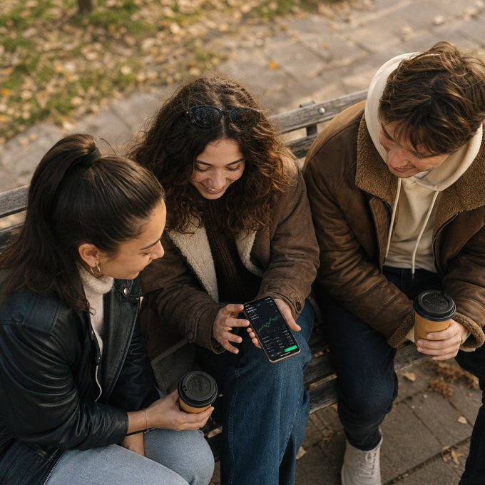 Three friends sit closely on a wooden park bench, sharing coffee and reviewing a stock chart on a smartphone, reflecting the KuCoin post's message of teamwork and collaborative trading within the #KuTraderAlliance community.