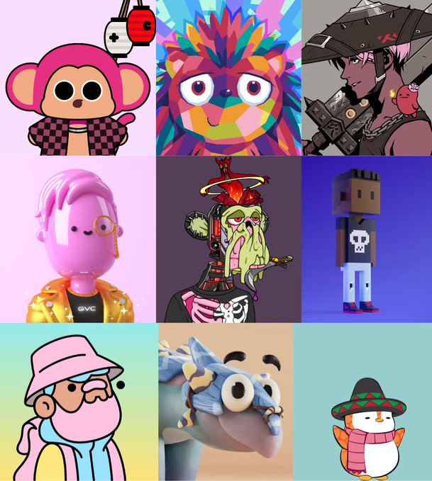 A 3x3 grid displays nine diverse cartoon and NFT-style characters, including a pink monkey, a colorful lion, and a pixelated figure.