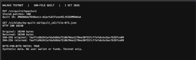 Terminal output showing a WALRUS_TESTNET 100-FILE QUILT from 1 OCT 2026 with stored patches of 100, quilt ID, HTTP 200 response, SHA-256 hash, and 'BYTE-FOR-BYTE MATCH: TRUE' confirmation.