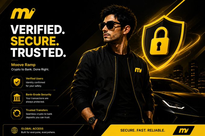 The image is a promotional graphic for Moove Ramp featuring a stylish man in sunglasses and a black jacket with gold "mv" branding, standing next to a luxury car, with a large golden padlock shield emphasizing security. Key text includes "VERIFIED. SECURE. TRUSTED." and "Moove Ramp - Crypto to Bank. Done Right," along with feature highlights like "Verified Users," "Bank-Grade Security," "Trusted Transfer," and "GLOBAL ACCESS," reinforcing the post's message about trustworthy and seamless crypto-to-bank transfers.