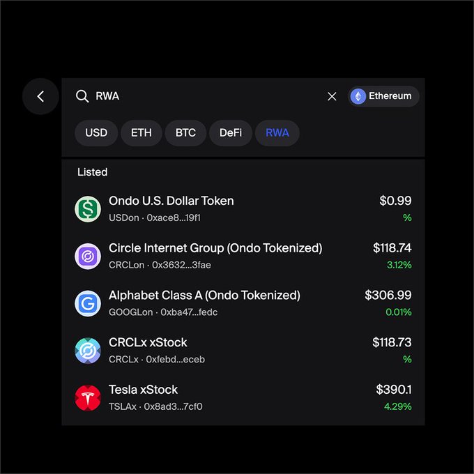 The image shows a screenshot of a cryptocurrency trading app's search bar, displaying various tokenized stock options for trading. The app allows users to search for tokenized stocks and trade them directly through the app. The text "friendly reminder" suggests that there is an on-chain part in the app where users can trade tokenized stocks.