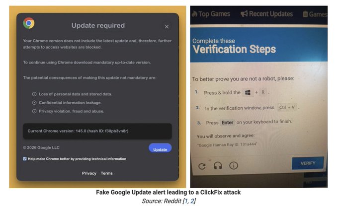 Two screenshots showing a fake Google Chrome update alert warning that the browser version is out of date, and a subsequent 'Verification Steps' page instructing users to perform keystrokes (Win+R, Ctrl+V, Enter) — labeled as a ClickFix attack.