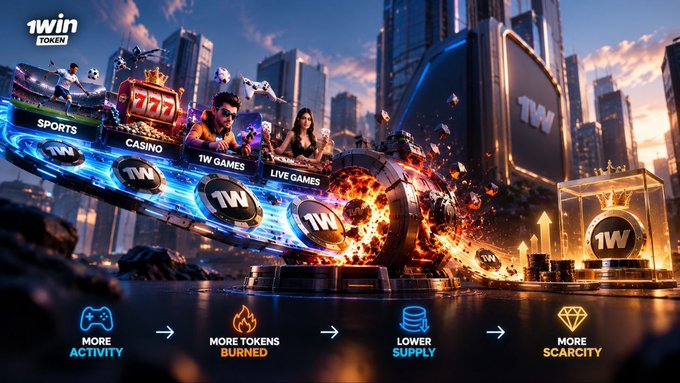A promotional graphic for '1WIN TOKEN' featuring dynamic imagery of sports, casino, and games, with arrows indicating 'MORE ACTIVITY → MORE TOKENS BURNED → LOWER SUPPLY → MORE SCARCITY'.
