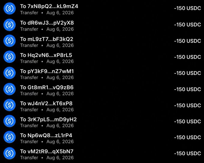 This image shows a transaction history of multiple "-150 USDC" transfers to various wallet addresses, illustrating the "blessings" mentioned in the post. The post announces a $150 USDT airdrop and asks for Solana addresses, which aligns with the listed transactions.