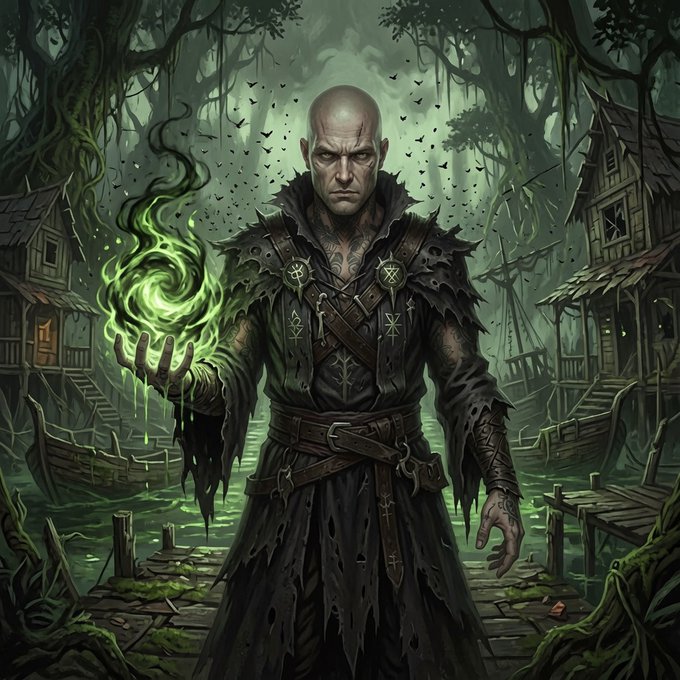 A dark fantasy illustration of a bald warrior holding green mystical fire in a swampy village with wooden huts.