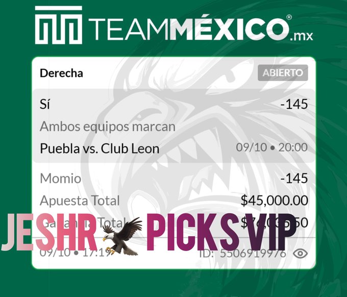 A sports betting screenshot from TEAMMÉXICO.mx showing a wager on Puebla vs. Club Leon with both teams to score, odds of -145, a $45,000.00 total bet yielding a payout of $111,150.50, overlaid with 'JESHR PICKS VIP'.