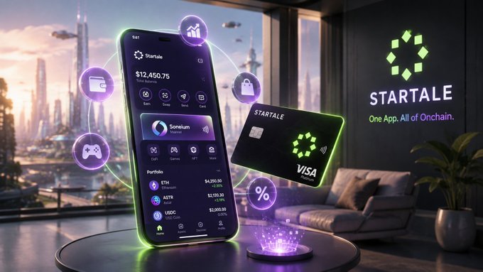 Promotional image for the "STARTALE" crypto app, showing a smartphone displaying a portfolio of $12,450.75, a Visa debit card, and floating icons over a futuristic cityscape.