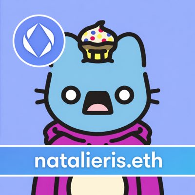 Cartoon blue koala mascot NFT/avatar for 'natalieris.eth' featuring a small cupcake on its head and an Ethereum logo.