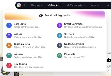 The image shows a computer screen displaying a list of BSV community repos, including Bitcoin Core, Bitcoin Cash, and Bitcoin SV. The text indicates that this is an app for discovering built-in blocks and transactions within the BSV ecosystem. The app provides information about various tools, libraries, and projects related to Bitcoin Core, Bitcoin Cash, and Bitcoin SV.