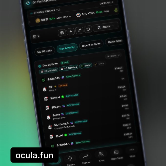 The image shows a smartphone displaying a crypto tracking app's "Dex Activity" widget in LIVE mode, featuring tickers like $JORDAN, $IF, $Unicat, $Beevo, $cate, $turtleneck, and $LOXI with their respective values and update statuses (DEX Updated, Seerr Trending, Hot Pairs). The caption "ocula.fun" appears at the bottom, promoting the platform's free live DEX activity tracking feature as mentioned in the post.