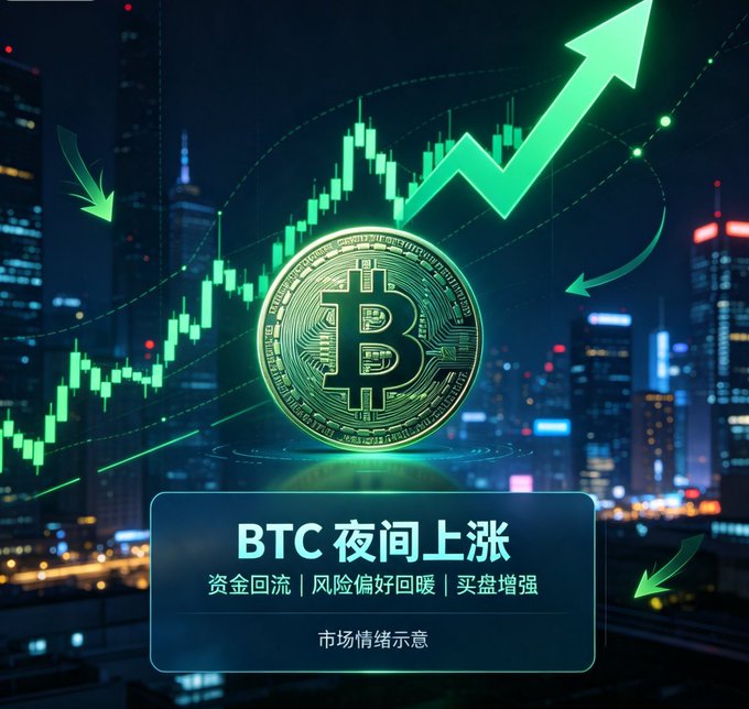A graphic showing a green Bitcoin candlestick chart and physical BTC coin rising against a city skyline, with Chinese text reading "BTC 夜间上涨" (BTC Night Rise) and notes about capital returning and risk appetite warming.