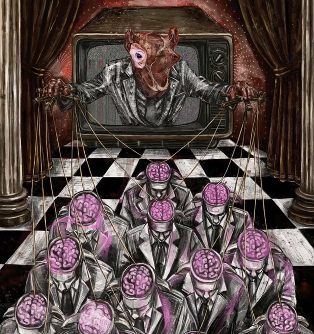 A dark surreal illustration of a horned, grinning figure emerging from a television set, manipulating marionette strings attached to figures in suits whose heads have been replaced with exposed pink brains, all set on a checkered floor.