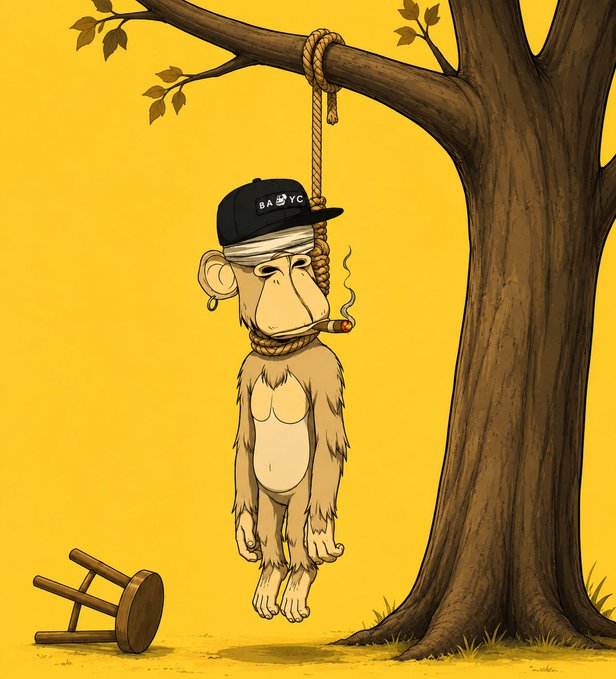 An illustration of a Bored Ape-like cartoon character wearing a 'BAYC' cap, blindfolded and hanging from a noose tied to a tree branch, with a knocked-over stool below against a yellow background.