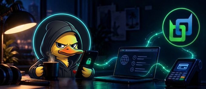 A cartoon duck wearing a hoodie holds a coffee cup and smartphone with a lock icon, sitting next to a laptop and terminal displaying a green logo.