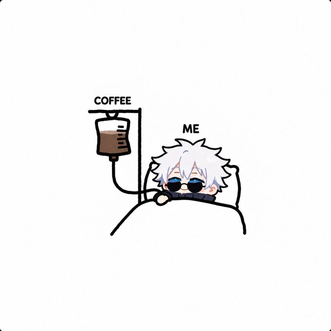 A chibi-style cartoon illustration of a white-haired character in bed receiving an IV drip of coffee, labeled 'COFFEE' and 'ME'.