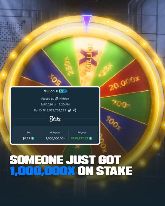 A colorful prize wheel shows a winning "Million X" multiplier (1,000,000x) hit on Stake.com, with a $0.12 bet turning into a $115,977.62 payout. The on-screen text reads "SOMEONE JUST GOT 1,000,000X ON STAKE," highlighting the extremely rare maximum multiplier win.