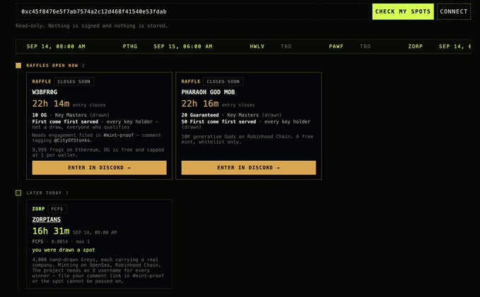 A dark-themed website displays NFT raffles including 'WJBFROG' and 'PHARAOH GOD MOB' with entry times like '22h 14m' and '22h 16m', alongside a schedule of upcoming draws including 'ZORP ZORPIANS'.