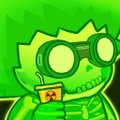 Stylized green cartoon character with round goggles holding a cup with a straw, drawn in a sketchy illustration style.