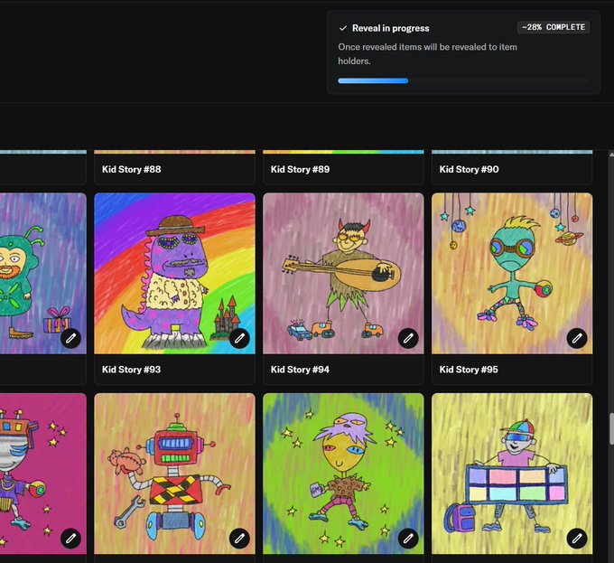 A gallery of colorful children's drawings labeled "Kid Story #88" through "Kid Story #95," featuring characters like a guitar-playing creature, robots, and figures with rainbow backgrounds. A "Reveal in progress" notification at the top shows the reveal process is "~28% COMPLETE."